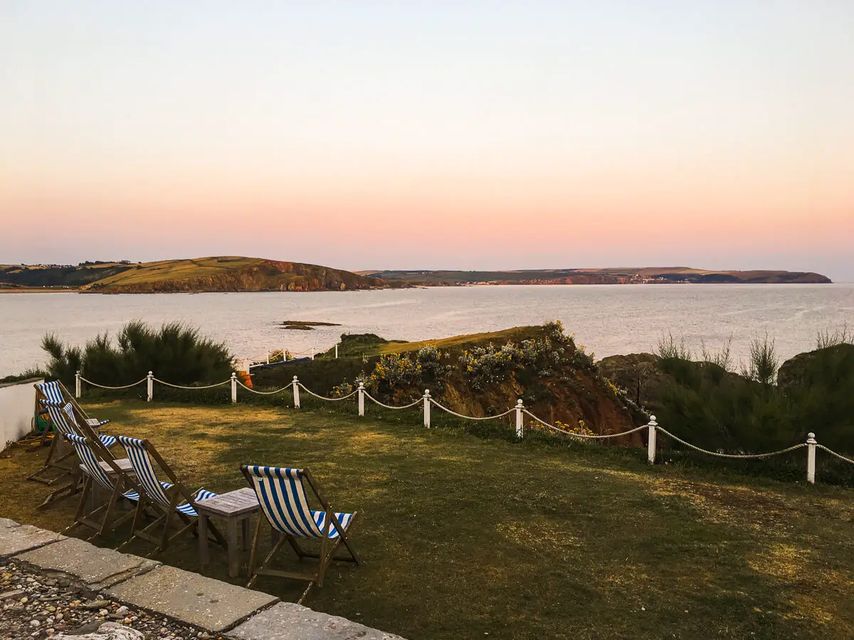 Sunset over the sea at Burgh Island Hotel in Devon