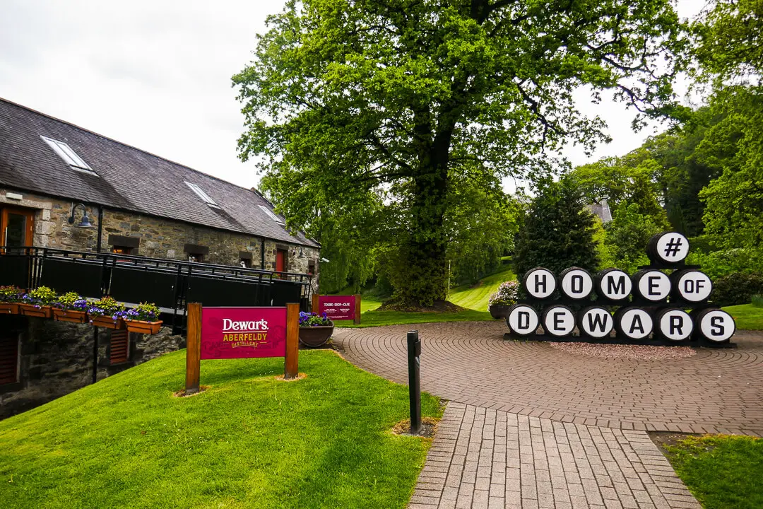 The entrance at the House of Dewar's Aberfeldy whisky distillery in Perthshire, Scotland