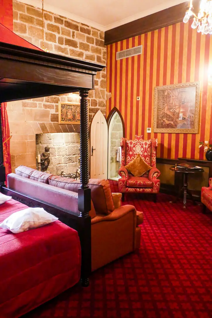 The Derwentwater Room at Langley Castle, a hotel in Hexham, Northumberland, England