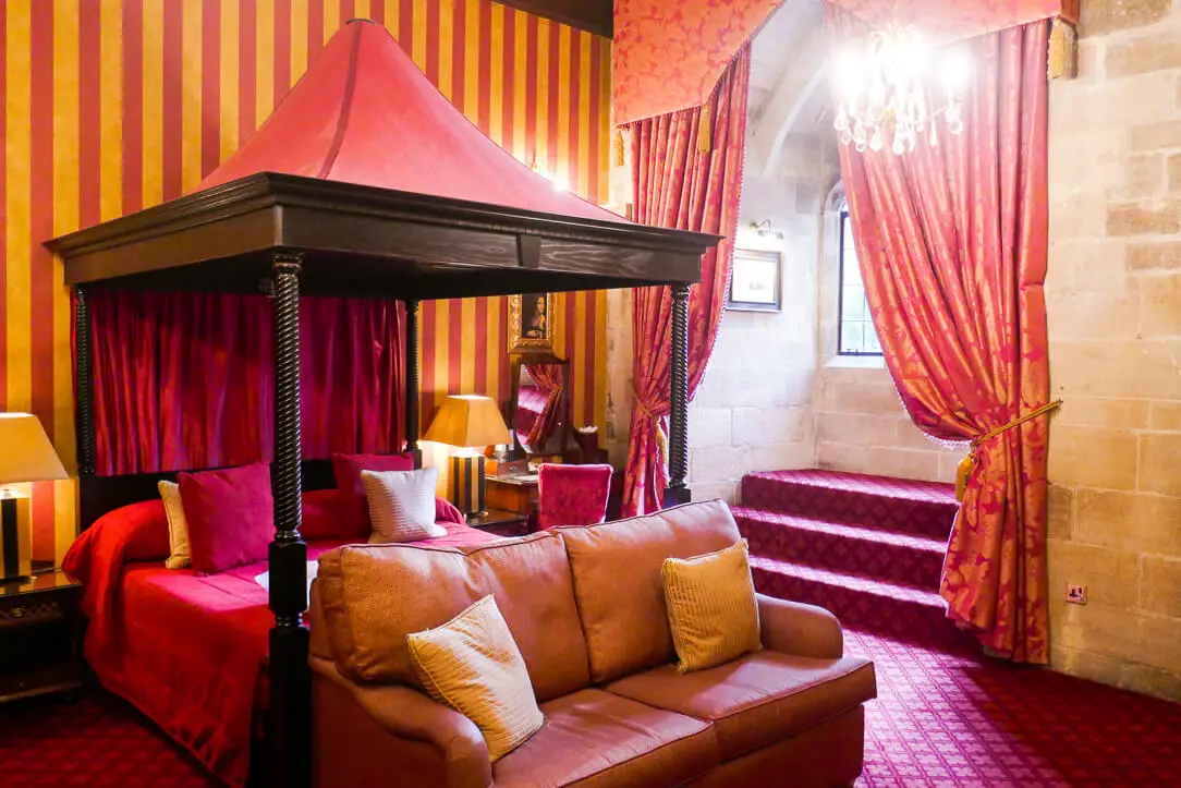 The Derwentwater Room at Langley Castle, a hotel in Hexham, Northumberland, England