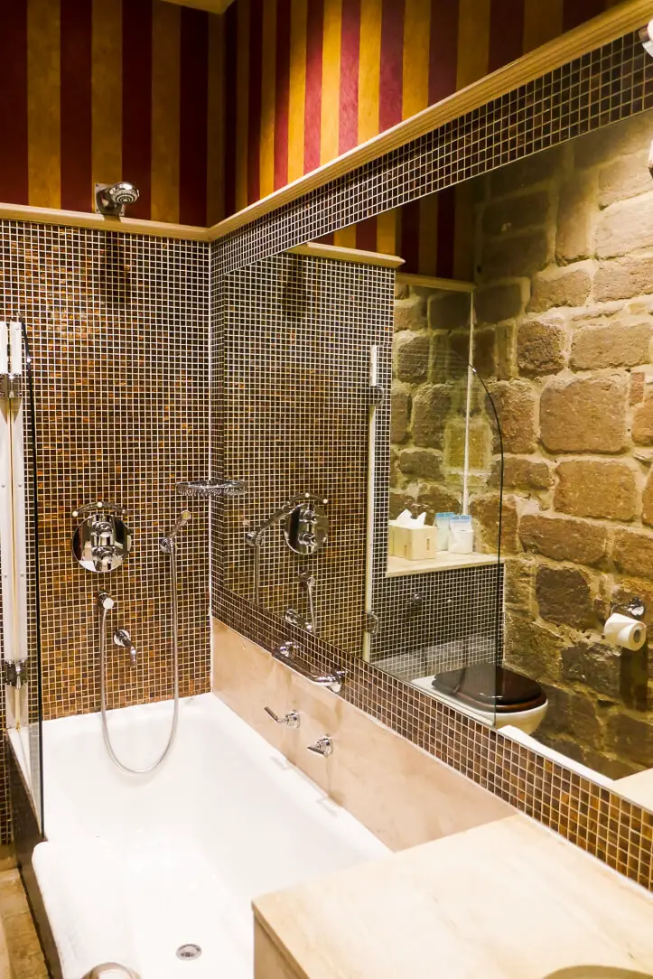 The bathroom in the Derwentwater Room at Langley Castle, a hotel in Hexham, Northumberland, England