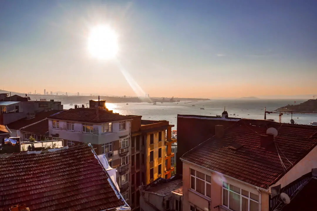 Views of the Bosphorus river at sunrise from the rooftop at Witt Istanbul Suites