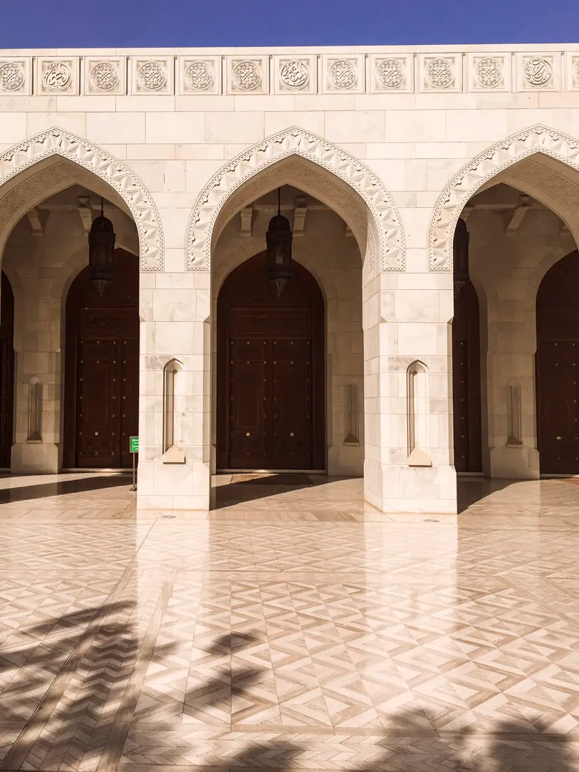 Exterior of Sultan Qaboos Grand Mosque on our private city tour in Oman