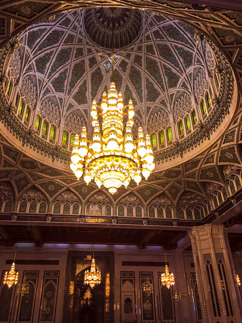 Chandelier in the Sultan Qaboos Grand Mosque on our private city tour in Oman