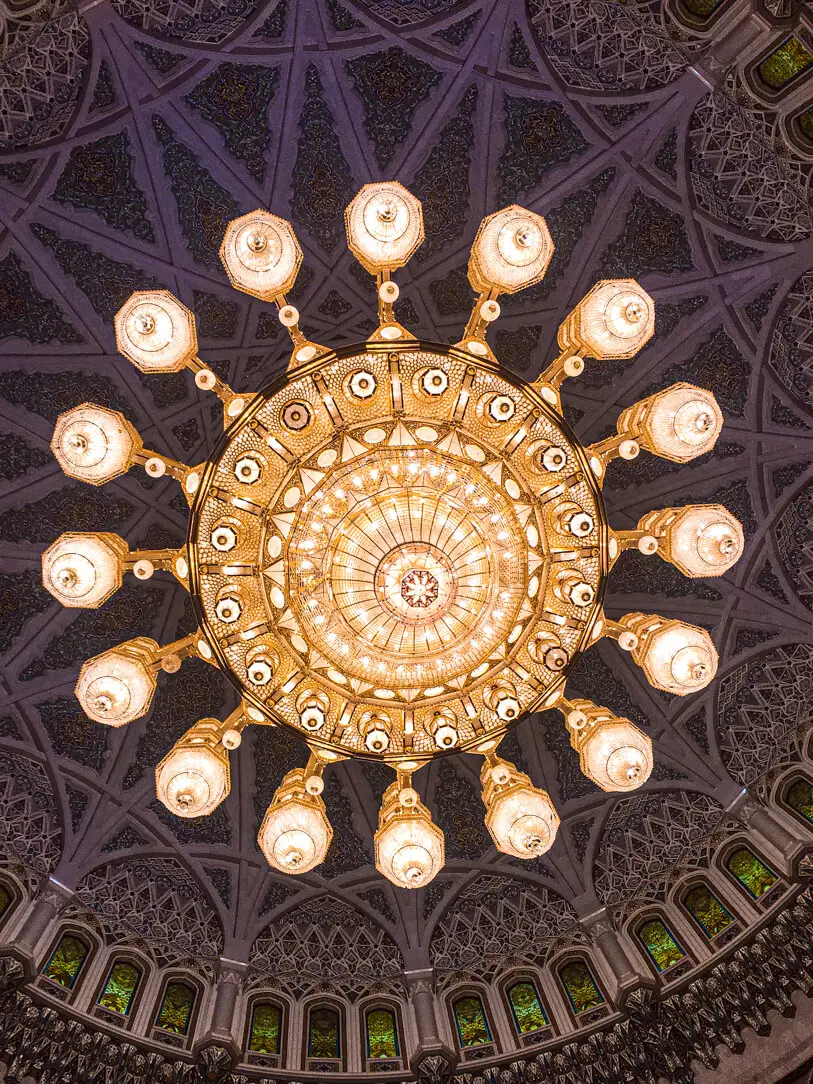 Chandelier in the Sultan Qaboos Grand Mosque on our private city tour in Oman