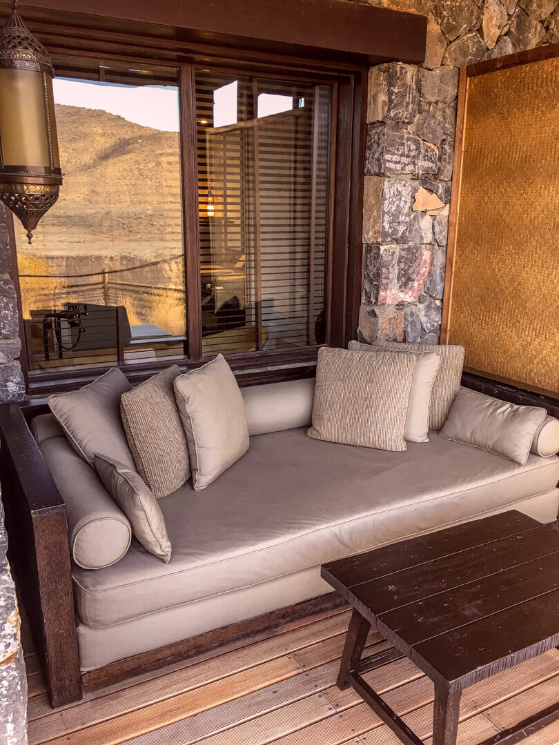 Outdoor balcony at the Alila Jabal Akhdar luxury hotel in Oman
