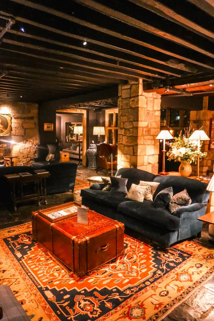 One of the Lygon Lounges at the Lygon Arms, a boutique luxury hotel in Broadway in the Cotswolds