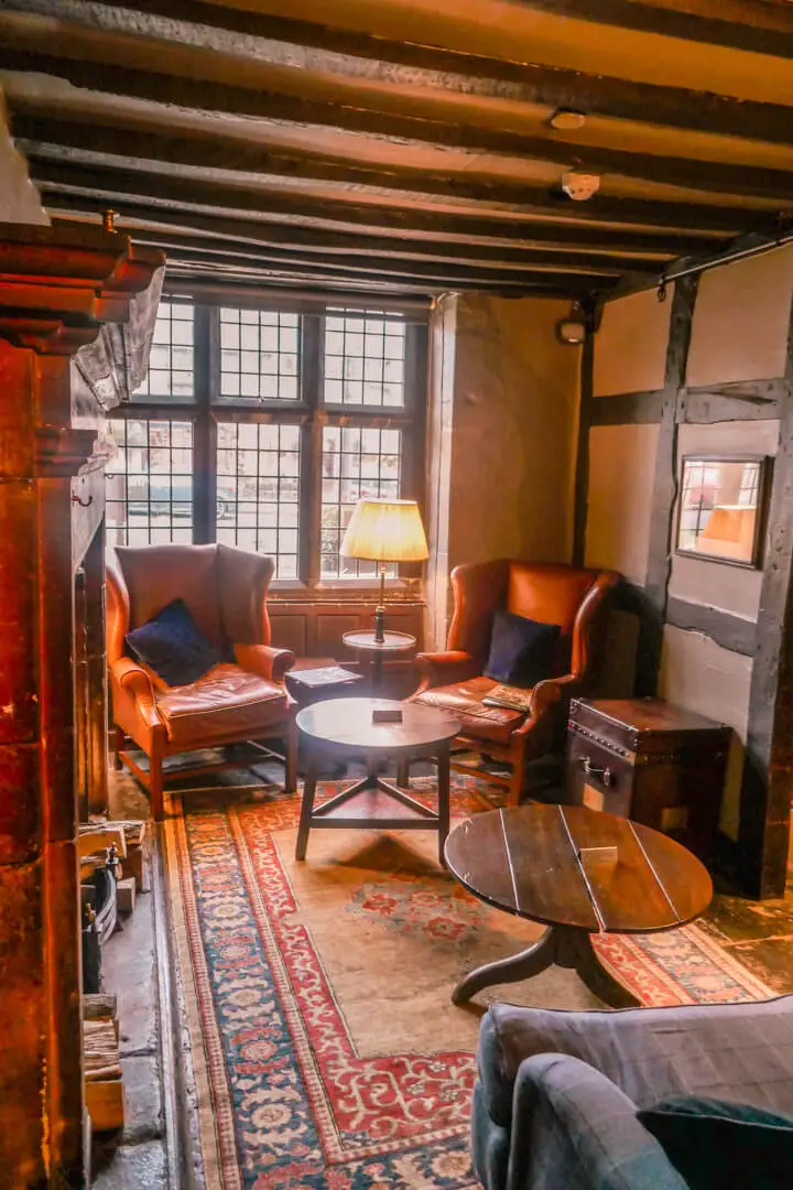 One of the Lygon Lounges at the Lygon Arms, a boutique luxury hotel in Broadway in the Cotswolds
