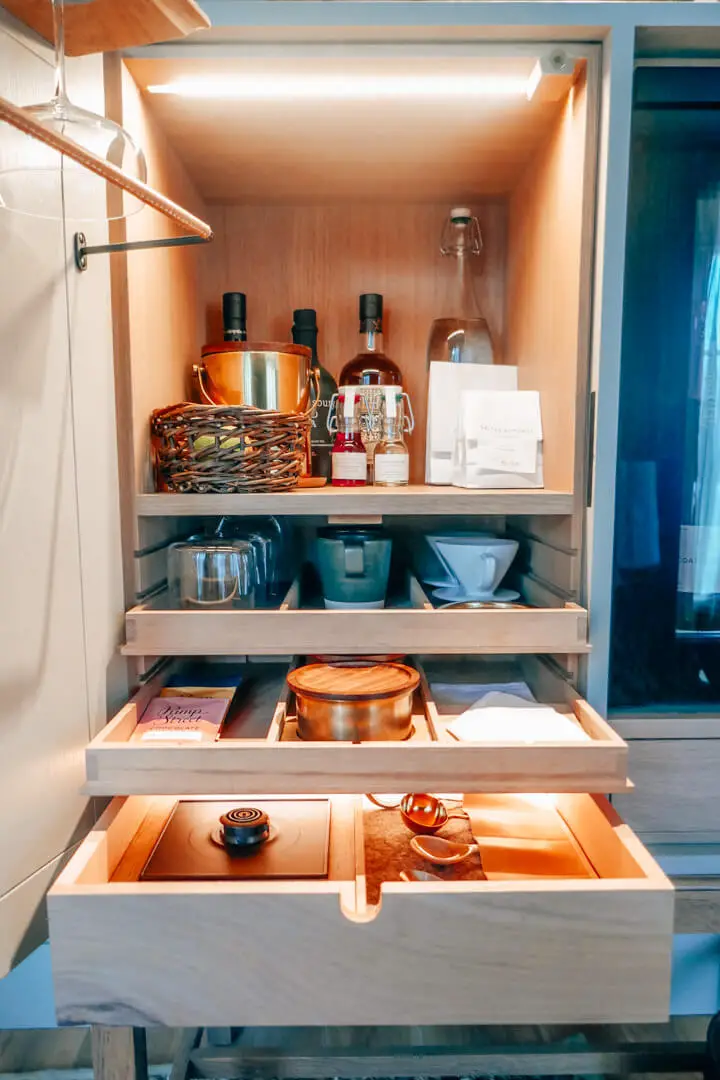 Mini bar in the Friends Room at Heckfield Place Hotel in England