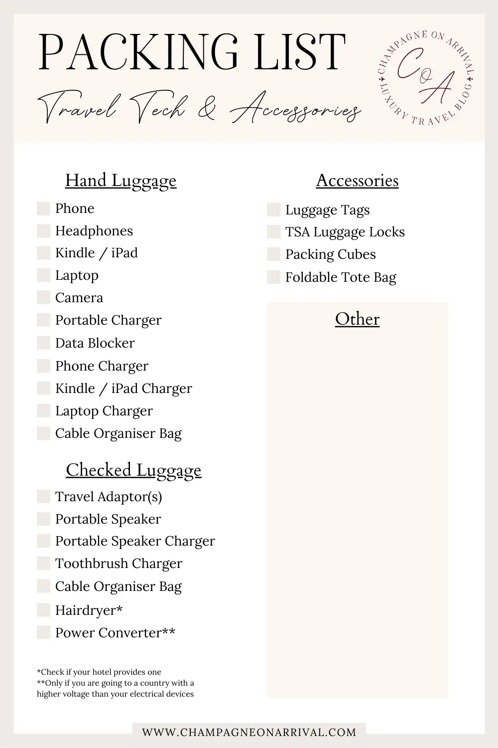 Pin for FREE Printable Travel Tech & Accessories Packing List